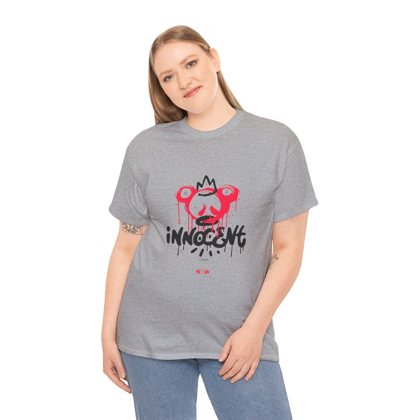 Edgy Graphic Tee: 'Innocent' Design, Urban Fashion, Streetwear, Unisex Cotton T-Shirt, Music Festivals, Casual Wear