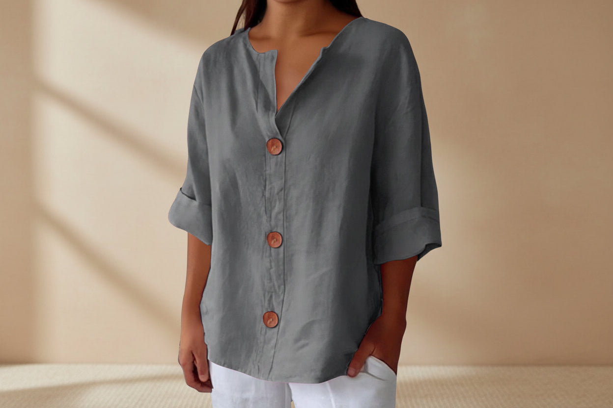 Women’s V-Neck Cotton Linen Buttoned Blouse