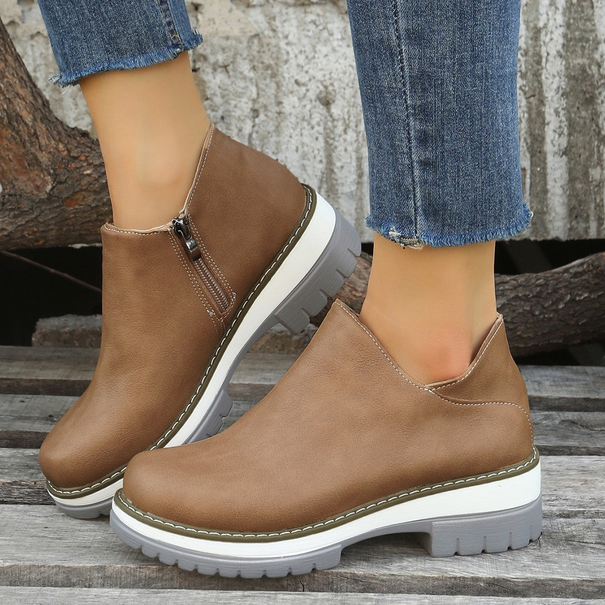 Women's single shoe low heel side zipper all season wearing style