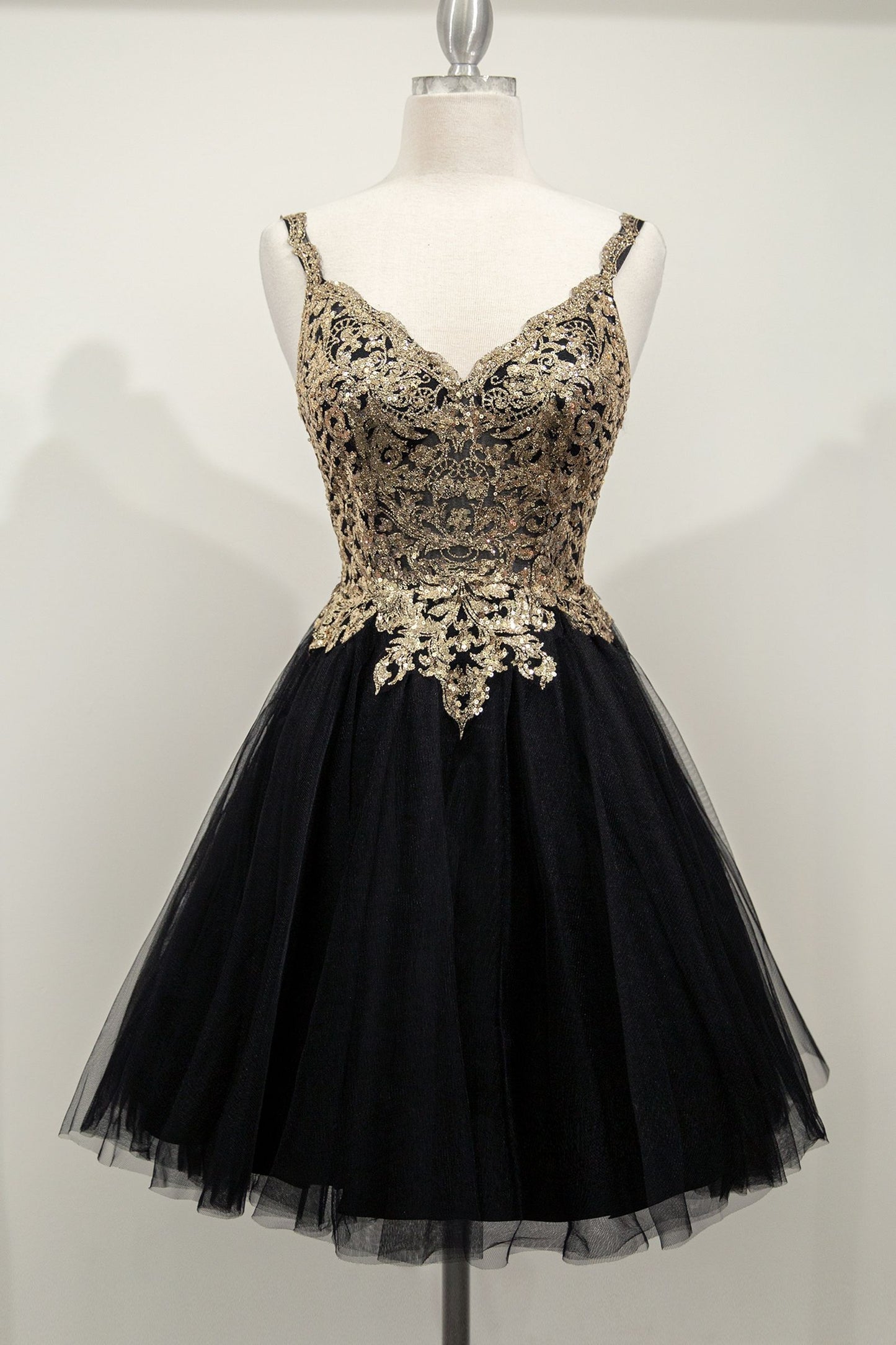 Black Gold, Champagne, Lavender | Sequin Corset Mini Dress with Tulle Skirt & Spaghetti Straps  CD9239