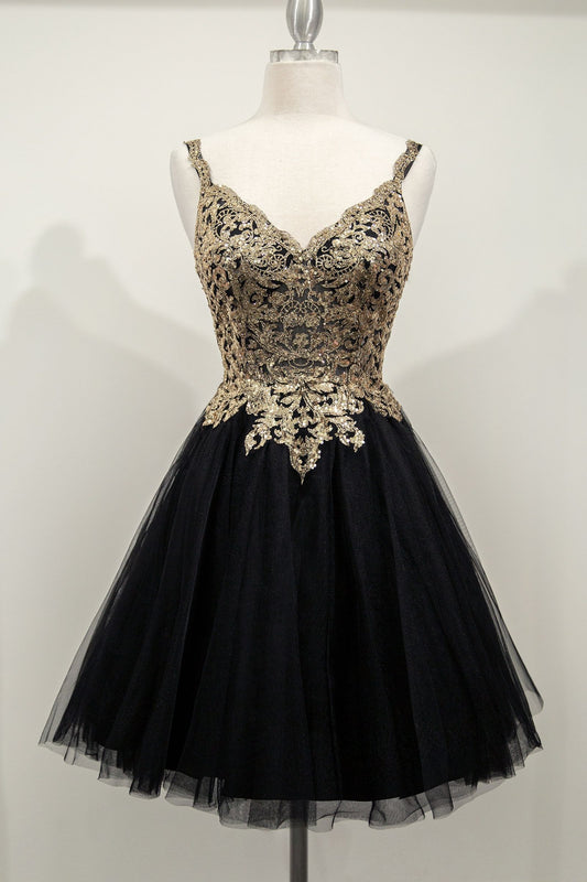 Black Gold, Champagne, Lavender | Sequin Corset Mini Dress with Tulle Skirt & Spaghetti Straps  CD9239