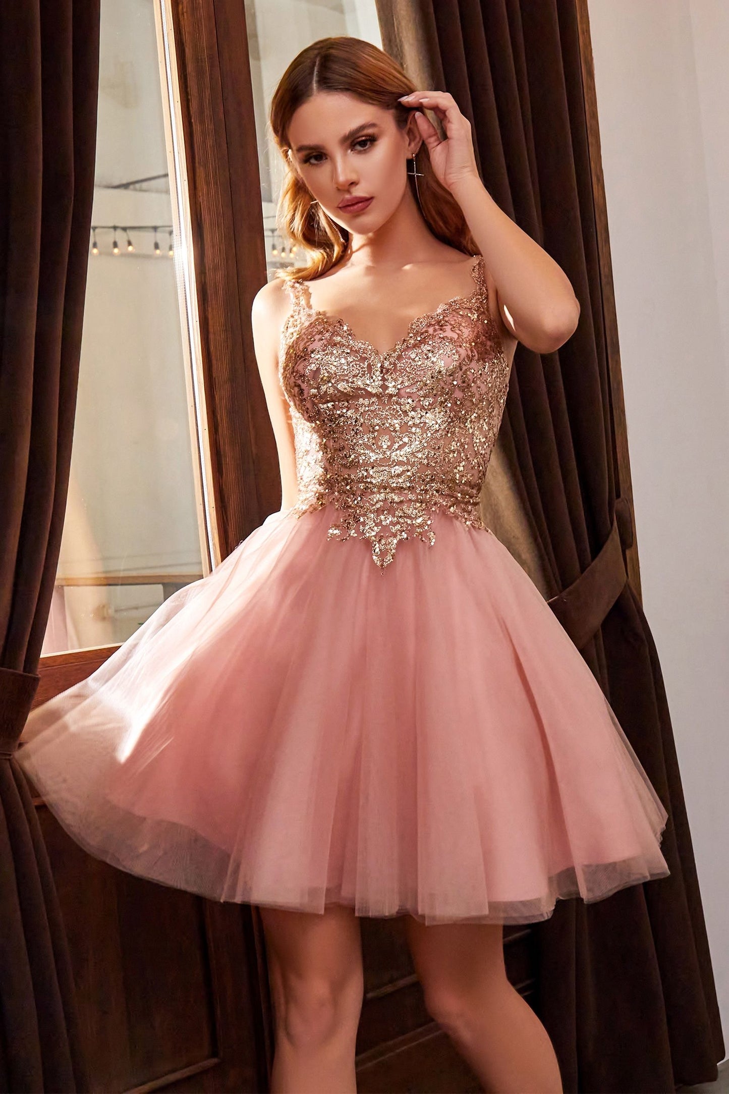 Black Gold, Champagne, Lavender | Sequin Corset Mini Dress with Tulle Skirt & Spaghetti Straps  CD9239