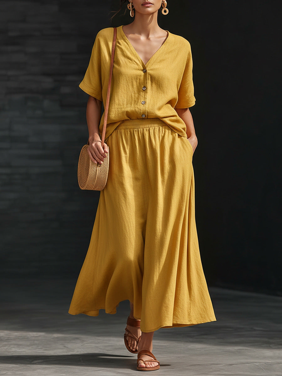 Women's Cotton-Linen V-Neck Button-Up Top & Long Skirt Set