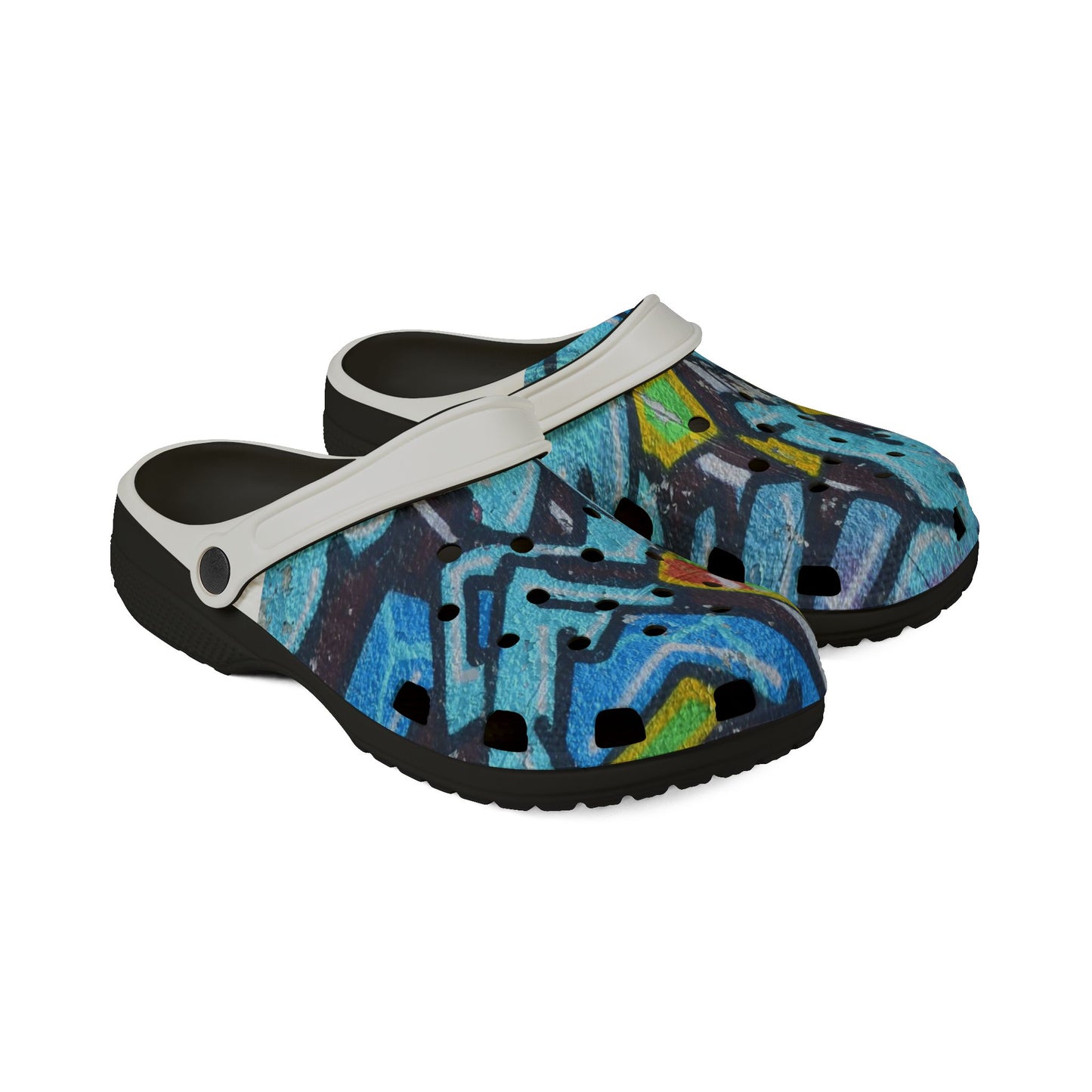 Graffiti Painted Cityscape EVA Clogs — Artistic Blue Graphic Foam Slip‑Ons