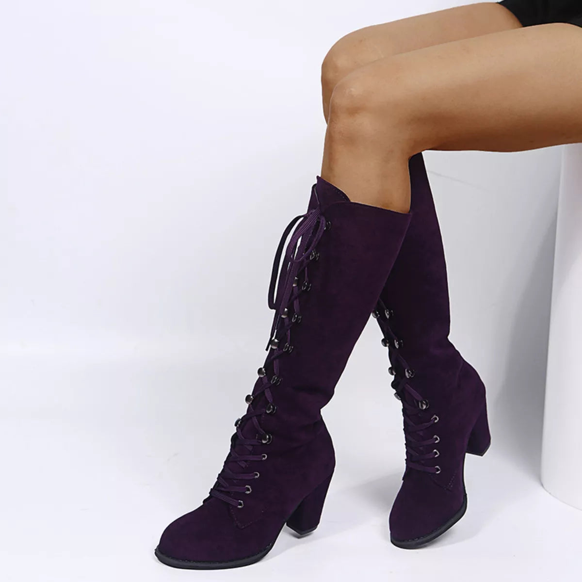 Lace Up Block Heels Boots