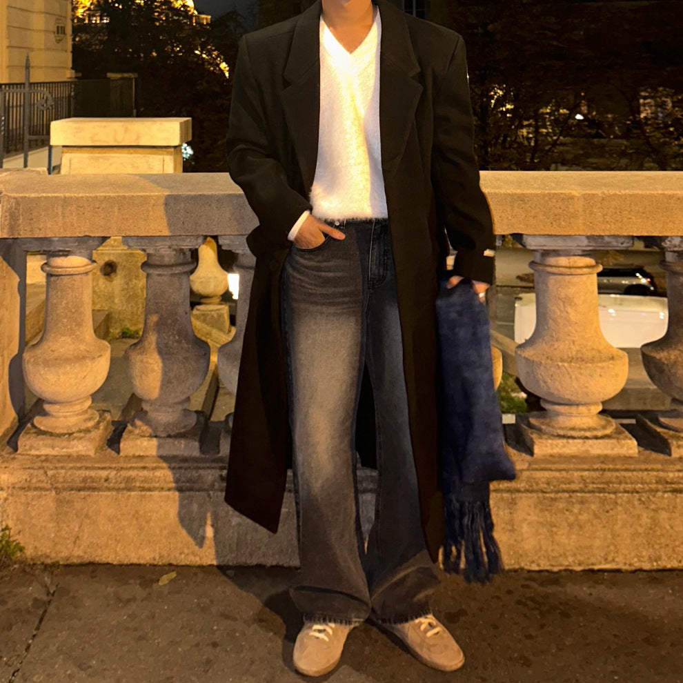 Mature Style Mid-Length Wool Coat for Men Winter Warm Suit Collar H-Line Wool Trench Coat op