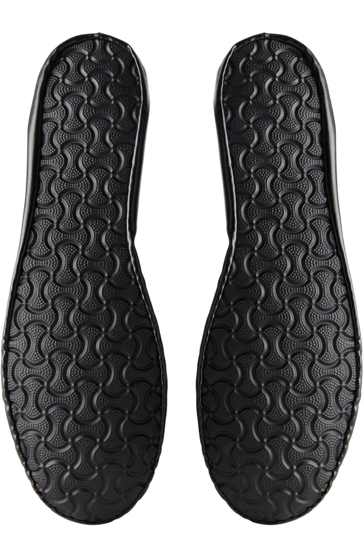 Black shoe insoles with textured surface on a smartphone screen