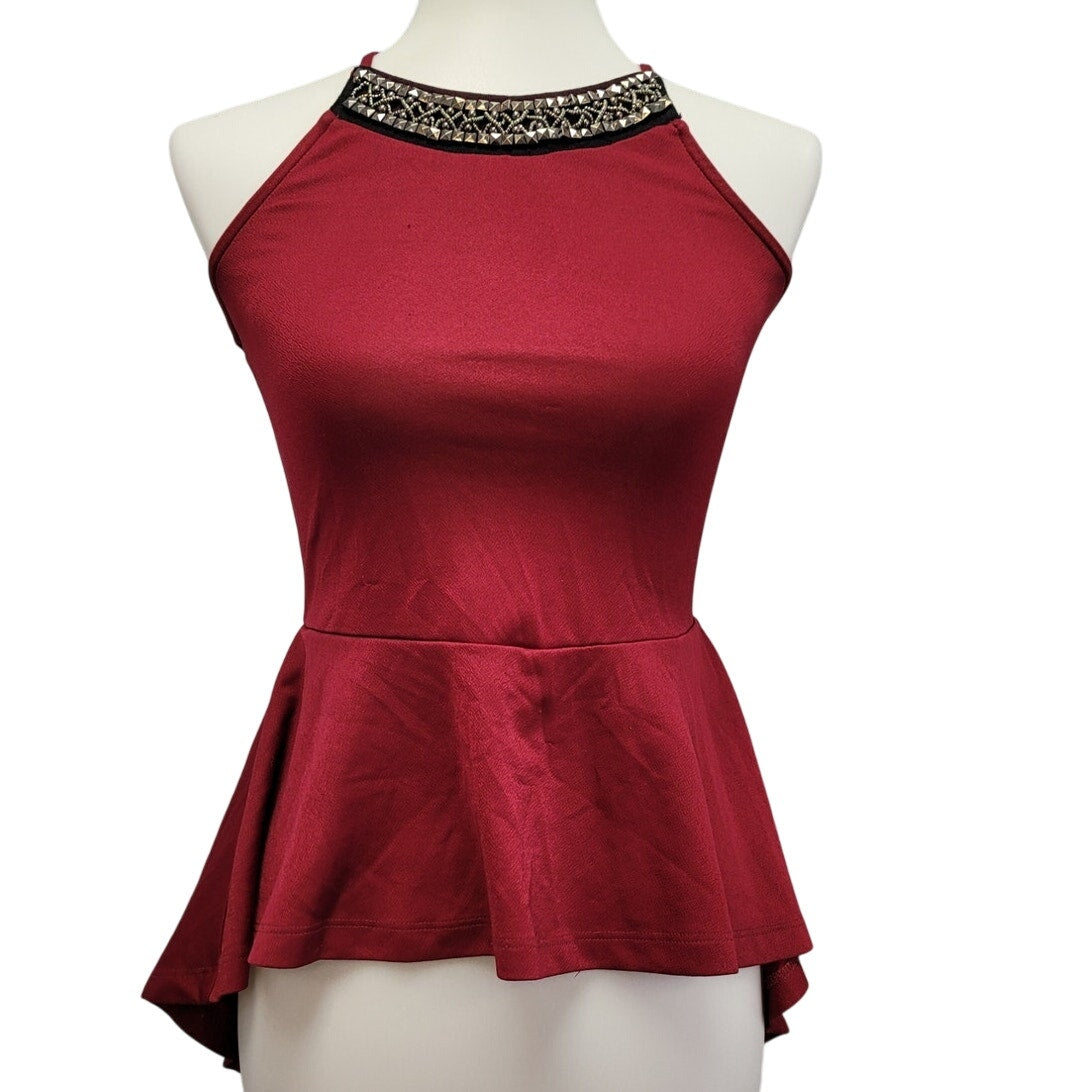 Miss Chievous Womens Small Spaghetti Strap Beaded Neck Hi Low Peplum Top