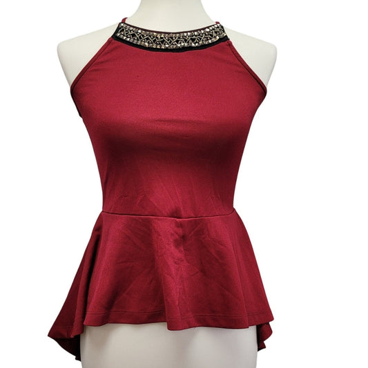 Miss Chievous Womens Small Spaghetti Strap Beaded Neck Hi Low Peplum Top