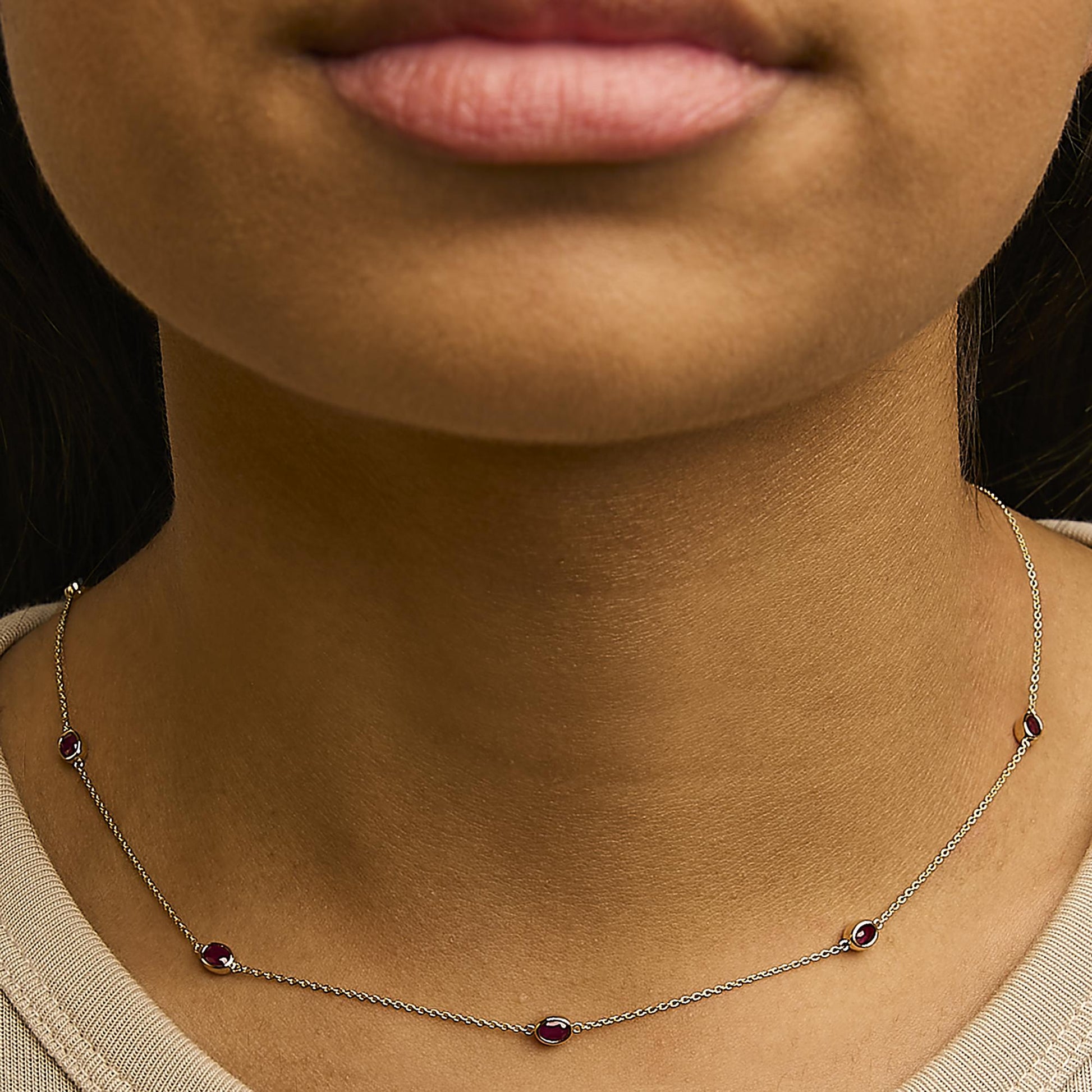 14K Yellow Gold Bezel Set 4x3 mm Oval Red Ruby Station Necklace - 18 Inches-2