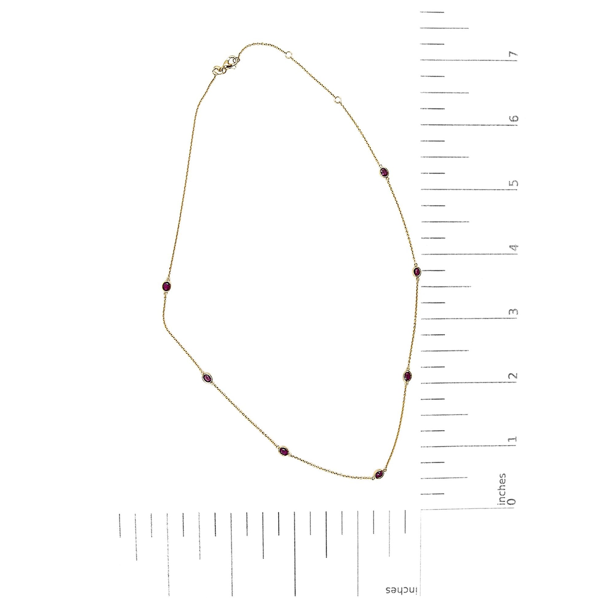 14K Yellow Gold Bezel Set 4x3 mm Oval Red Ruby Station Necklace - 18 Inches-4