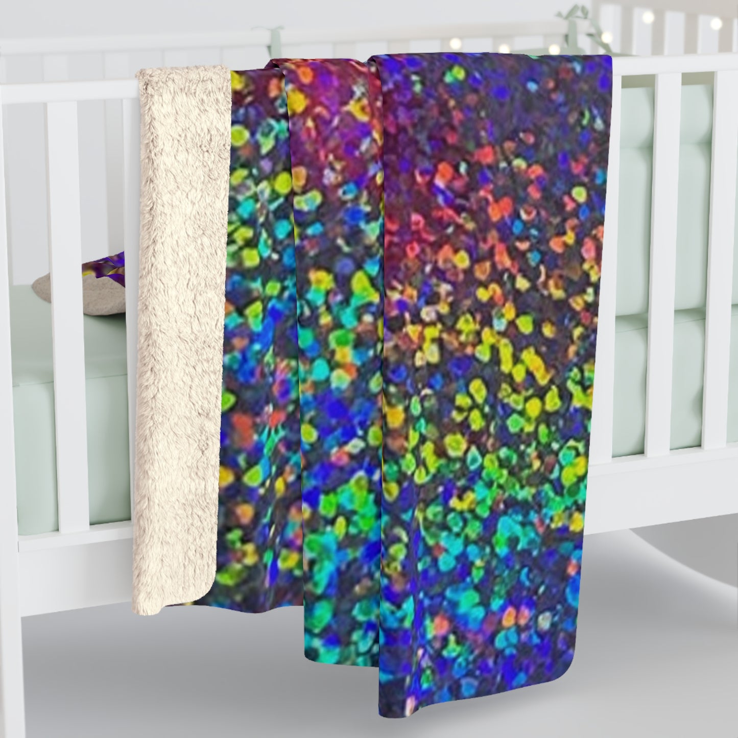 Holographic Rainbow Glitter Print Sherpa Blanket | Plush Fleece Throw
