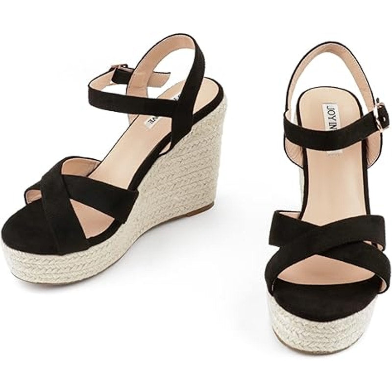 Joy In Love Womens 8.5 Black Faux Suede Espadrille 4.5" Wedge Open Toe Sandals