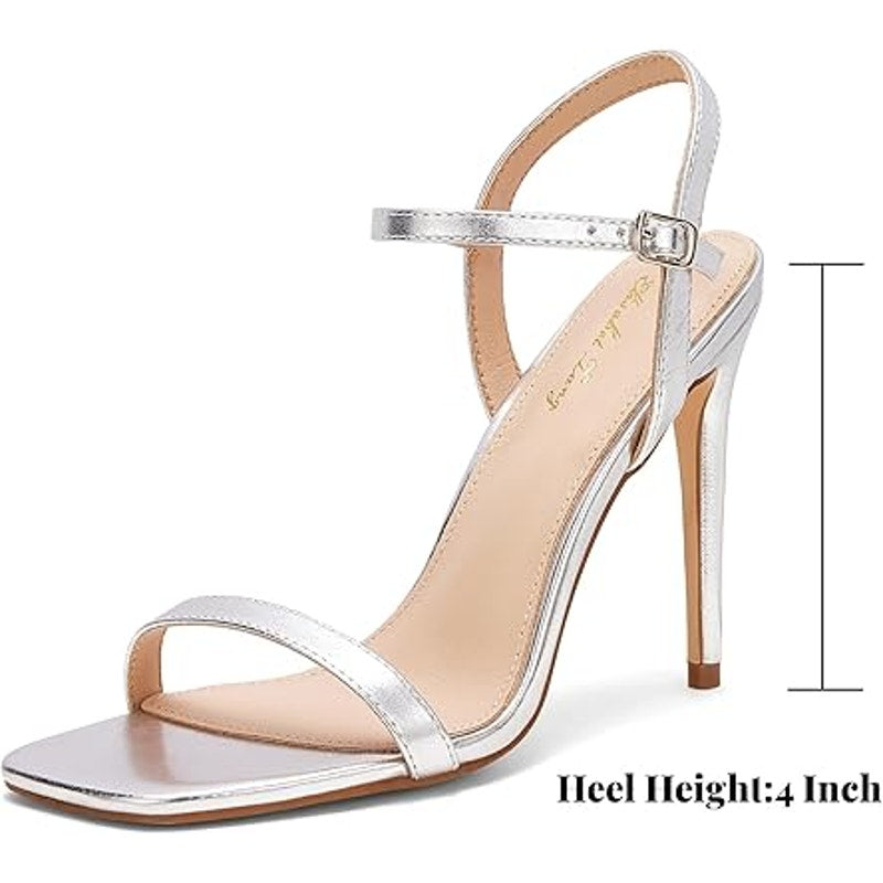 Elisabet Tang Womens Size 8 Shiny Silver 4" High Heel Ankle Strap Sandals Shoes