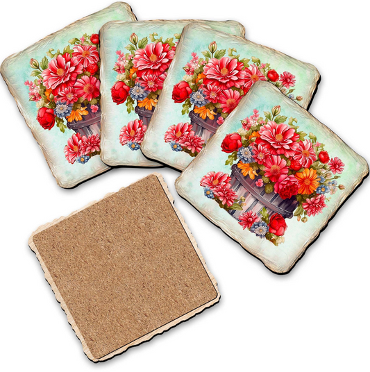 Flowers in the Basket Wooden Cork Coasters Gift Set of 4 by Nature Wonders - Nature Wildlife Decor - 95405C-S4-0