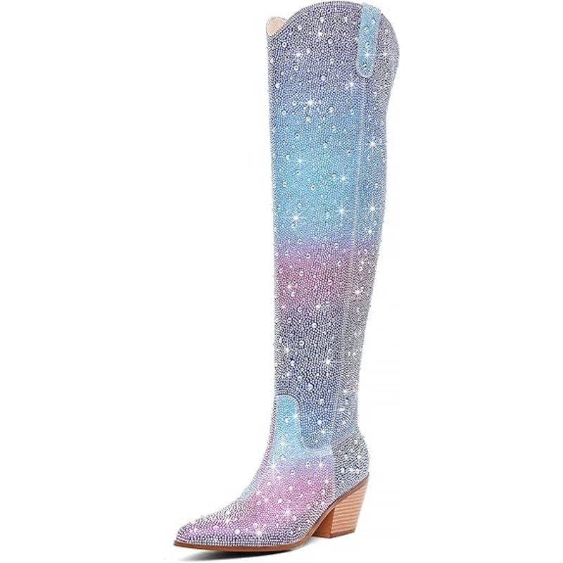 Ronilurn Womens Size 6.5 Rainbow Blue Pink Rhinestone Over the Knee Cowboy Boots