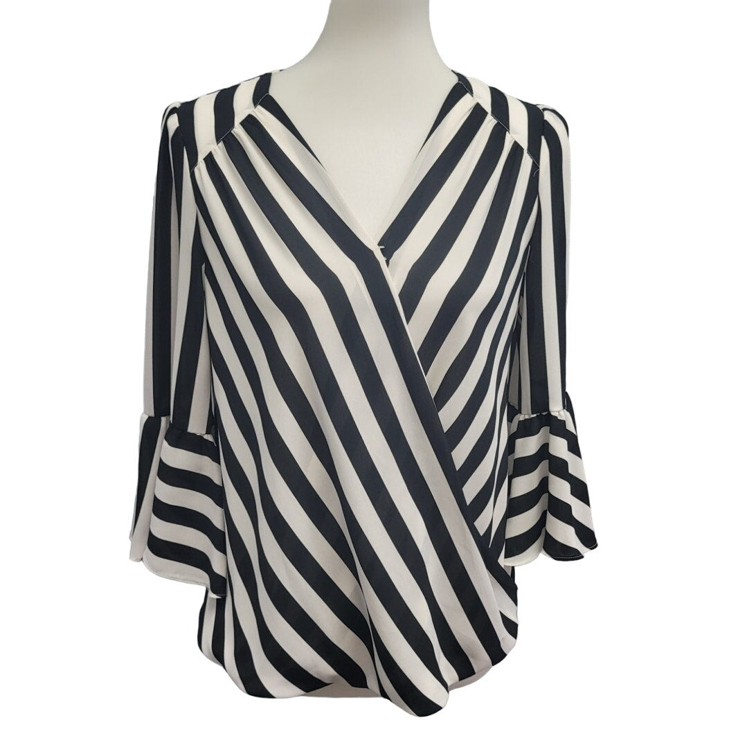 INC Womens Small 100% Polyester 3/4 Bell Sleeve Faux Wrap Striped Sheer Blouse