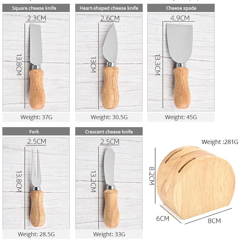 Stainless Steel Cheese Butter Spatula 5-Piece Gift Set Rubber Wooden Knife Socket