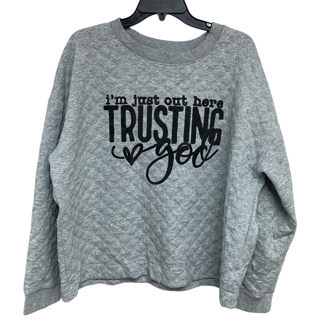 Upcycled Hand Printed Womens XL Im Just Trusting God Long Sleeve Sweatshirt