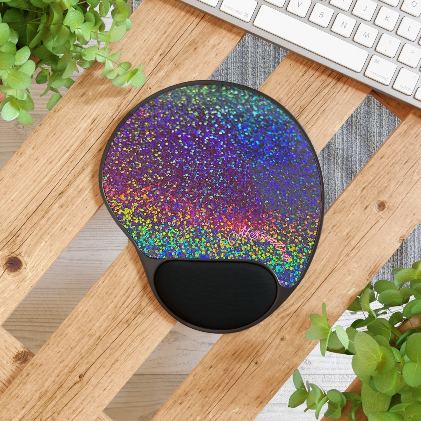 Personalized Holographic Glitter Mouse Pad with Wrist Rest - Rainbow Sparkle Desk Mat