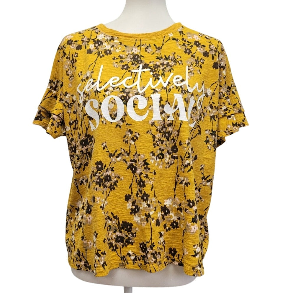 Hand Printed Upcycled Womens Large Selectively Social Floral Tee Shirt Top