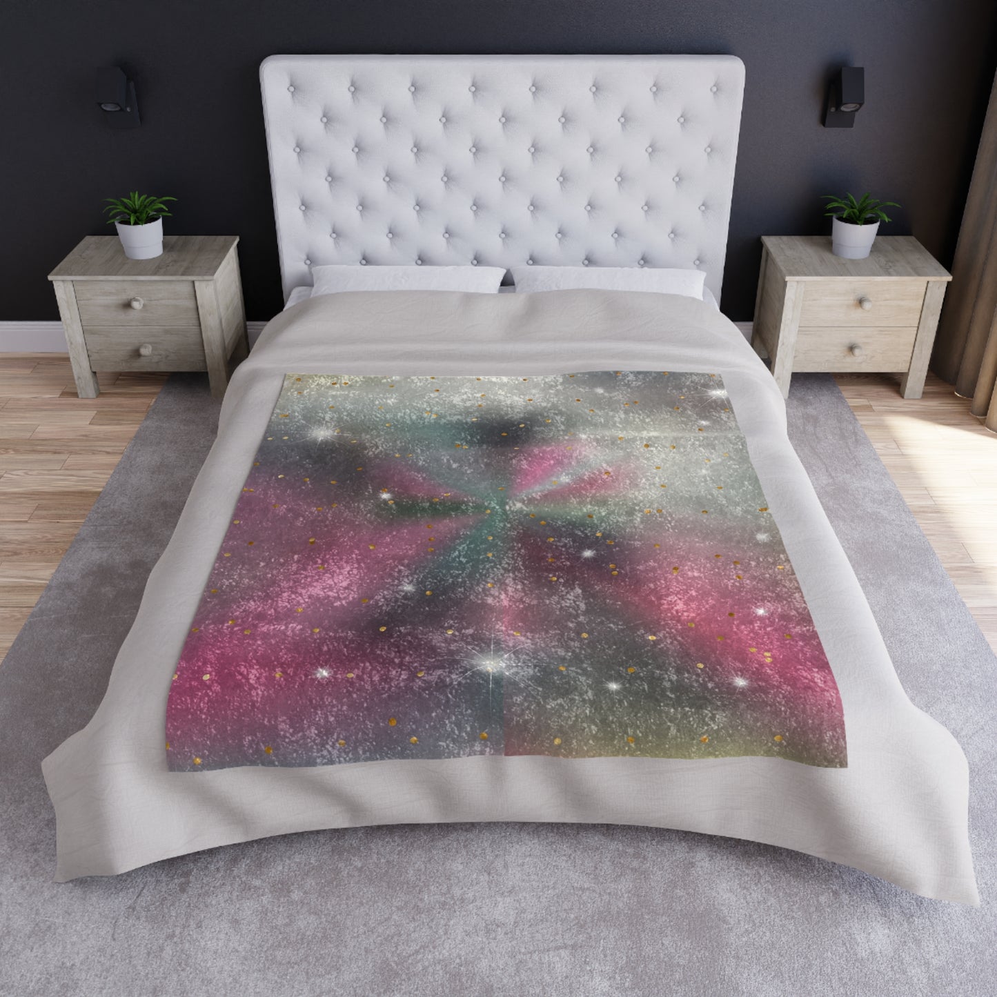 Crushed Velvet Blanket - Galaxy Starburst Plush Throw (Pink, Teal & Silver)