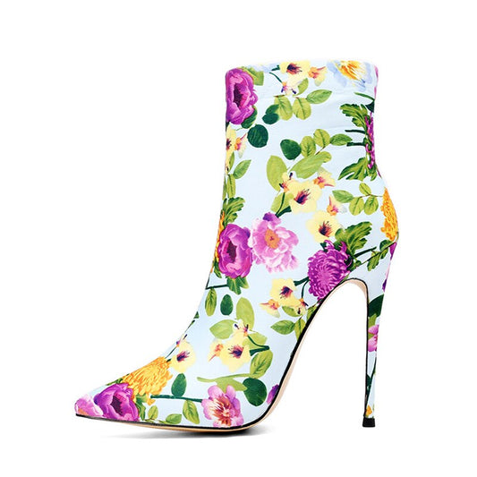 Spring Autumn Women Pointed Toe Sexy Stilettos Steel Heels 12cm Zipper Flowers Ankle Boots Large Size 43 44 45 New