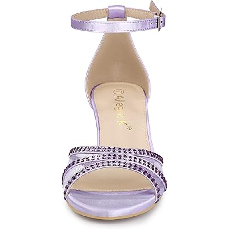 Allegra K Womens Size 8.5 Purple Satin Rhinestone Mesh Ankle Strap 2" Heels