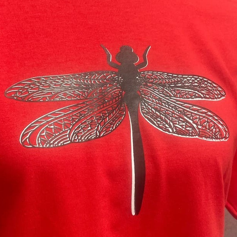 Hand Printed Unisex Medium Dragonfly 100% Cotton Crew Neck Short Sleeve Tee