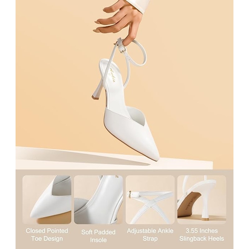 Ankis Womens Size 7.5 White 3.5" Heels Closed Pointed Toe Ankle Strap Shoes