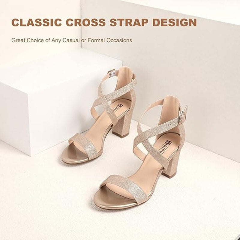New Idifu Womens Size 9 Gold Glitter IN3 Grace 3" Block Heel Cross Strap Shoes
