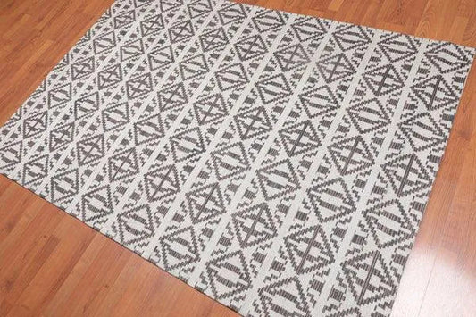 5' x 7' Handmade Geometric Graphic Wool Modern Flatweave Area Rug Beige-0