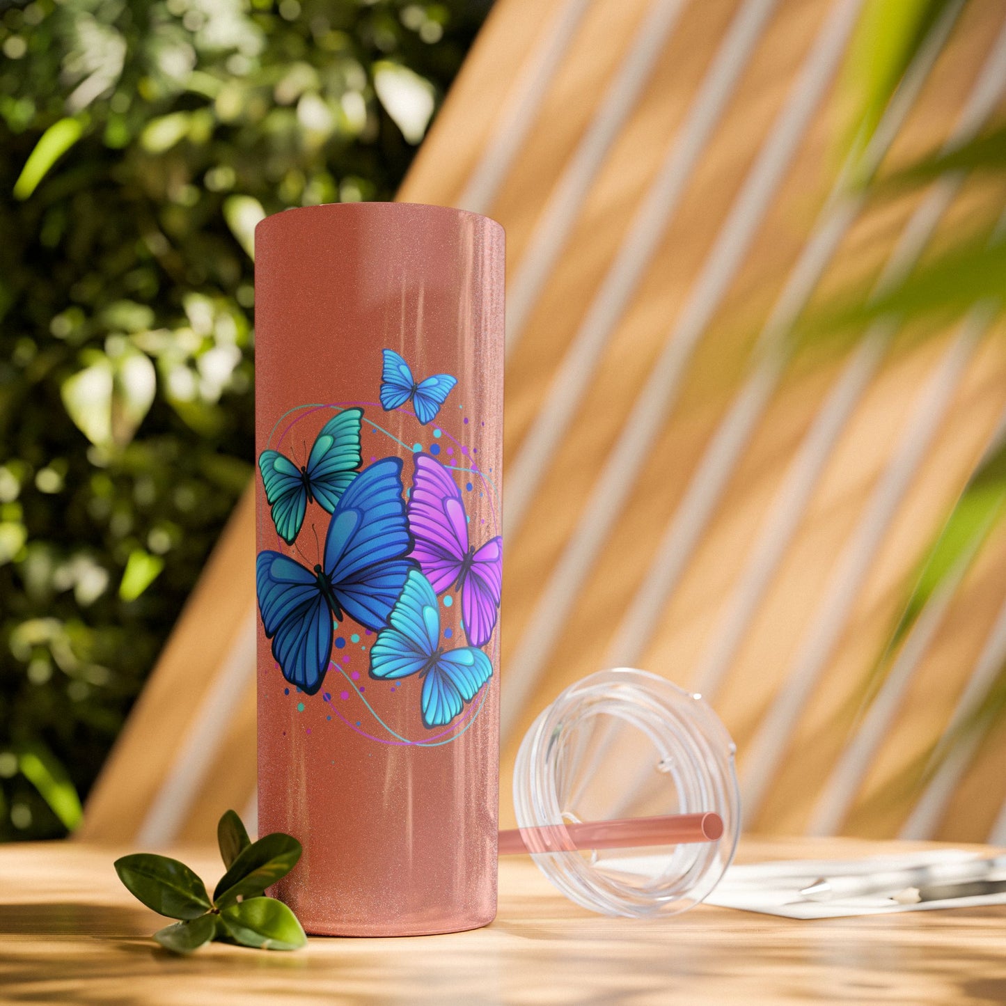 Butterfly Design Skinny Tumbler with Straw - 20oz Travel Mug