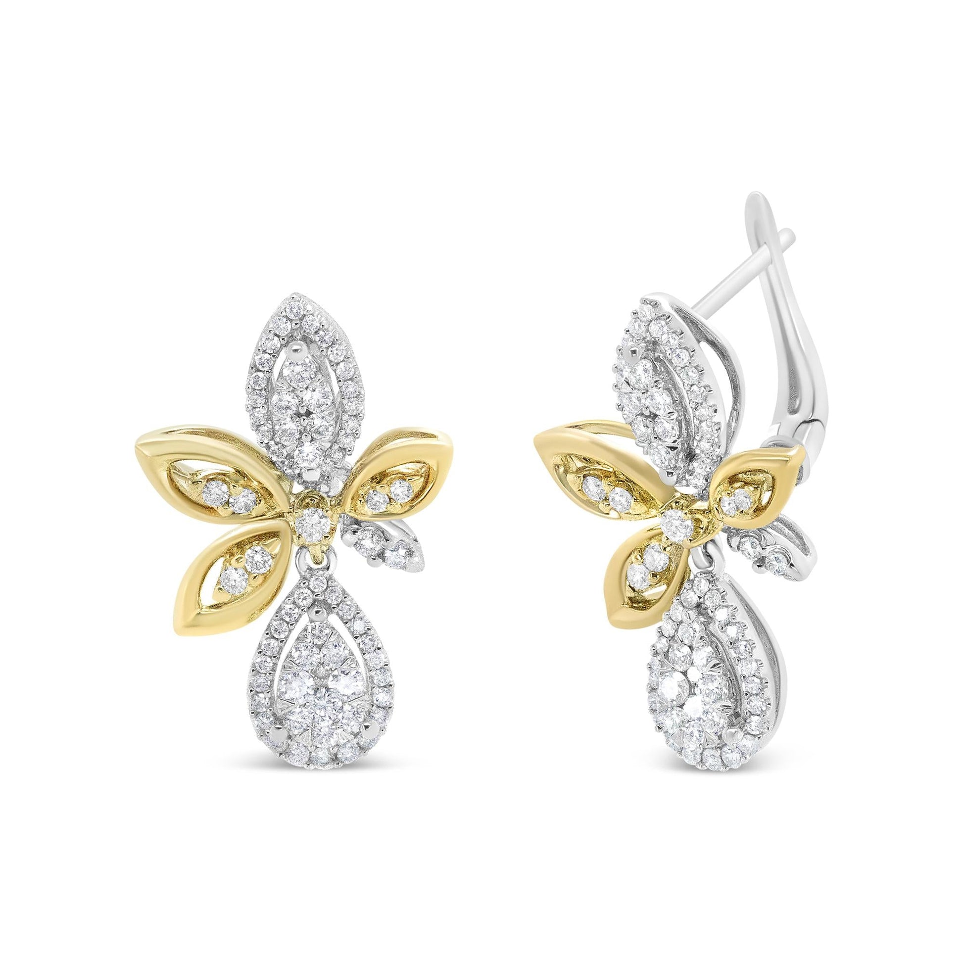 14K White and Yellow Gold 1.00 Cttw Round Pave-Set Diamond Teardrop and Marquise Shape Drop Dangle Earrings (H-I Color, SI1-SI2 Clarity)-0