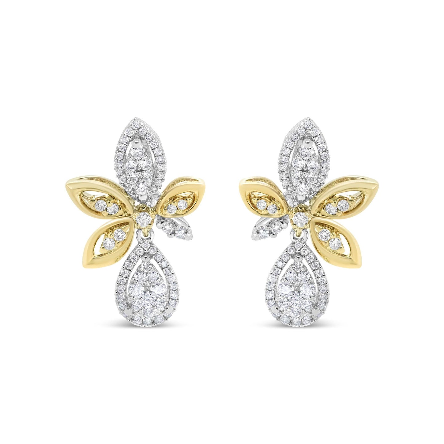 14K White and Yellow Gold 1.00 Cttw Round Pave-Set Diamond Teardrop and Marquise Shape Drop Dangle Earrings (H-I Color, SI1-SI2 Clarity)-1