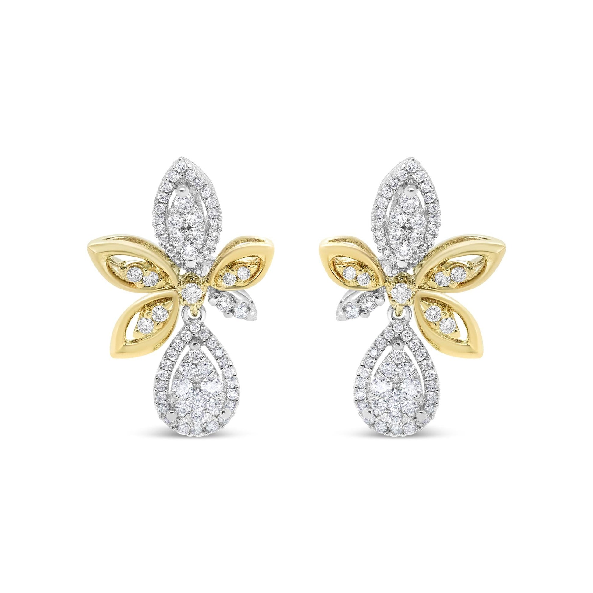 14K White and Yellow Gold 1.00 Cttw Round Pave-Set Diamond Teardrop and Marquise Shape Drop Dangle Earrings (H-I Color, SI1-SI2 Clarity)-1