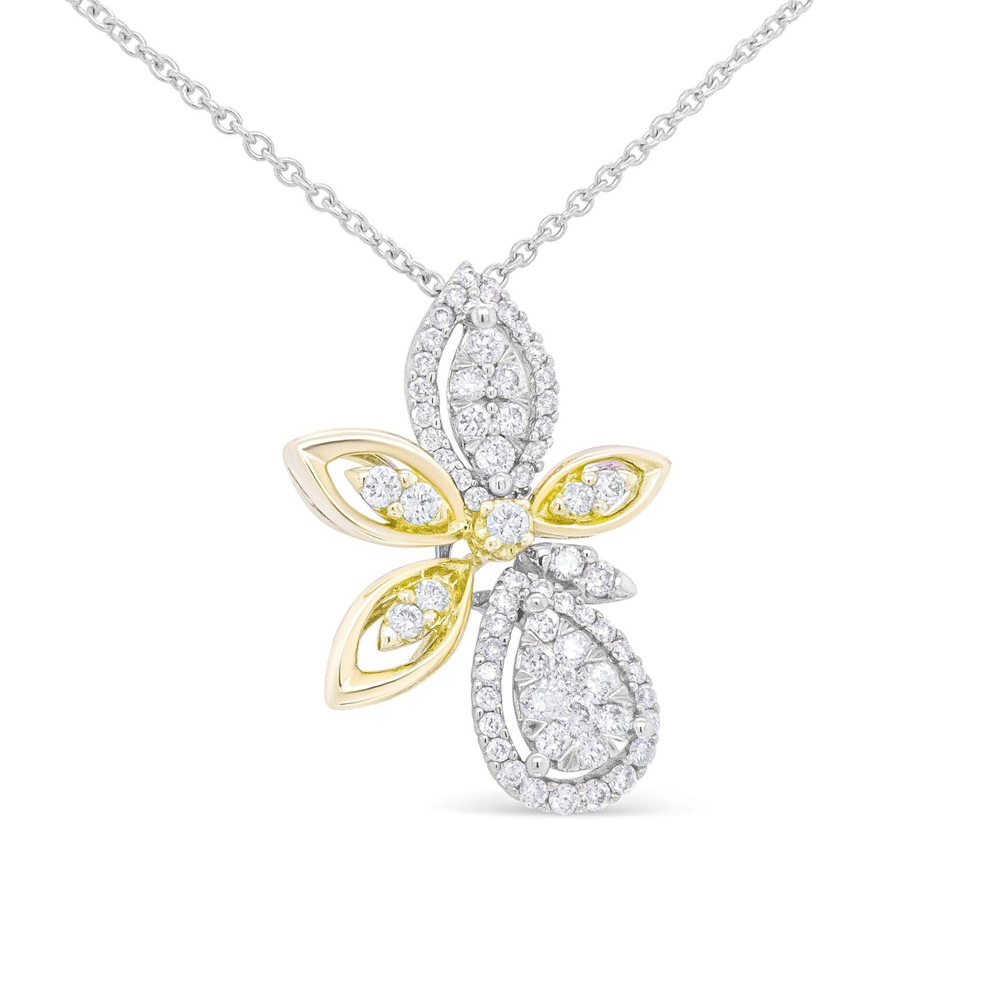 14K White and Yellow Gold 5/8 Cttw Round Diamond Marquise Floral Style 18" Pendant Necklace (H-I Color, I1-I2 Clarity)-3