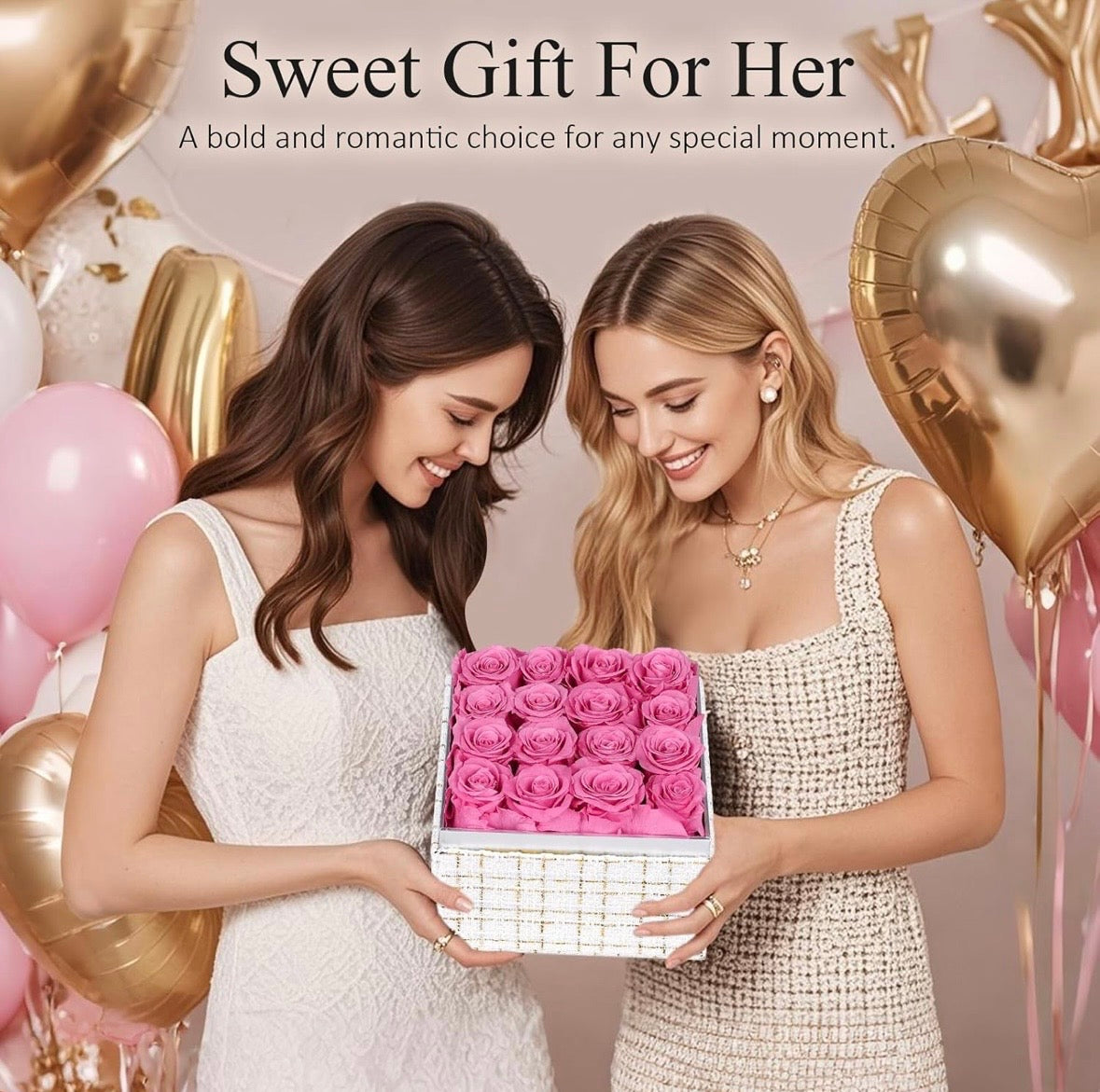“Chic Thrills” 16 Count Preserved Rose Box, Eternal Pink / Red Forever Flowers Roses in Acrylic Box