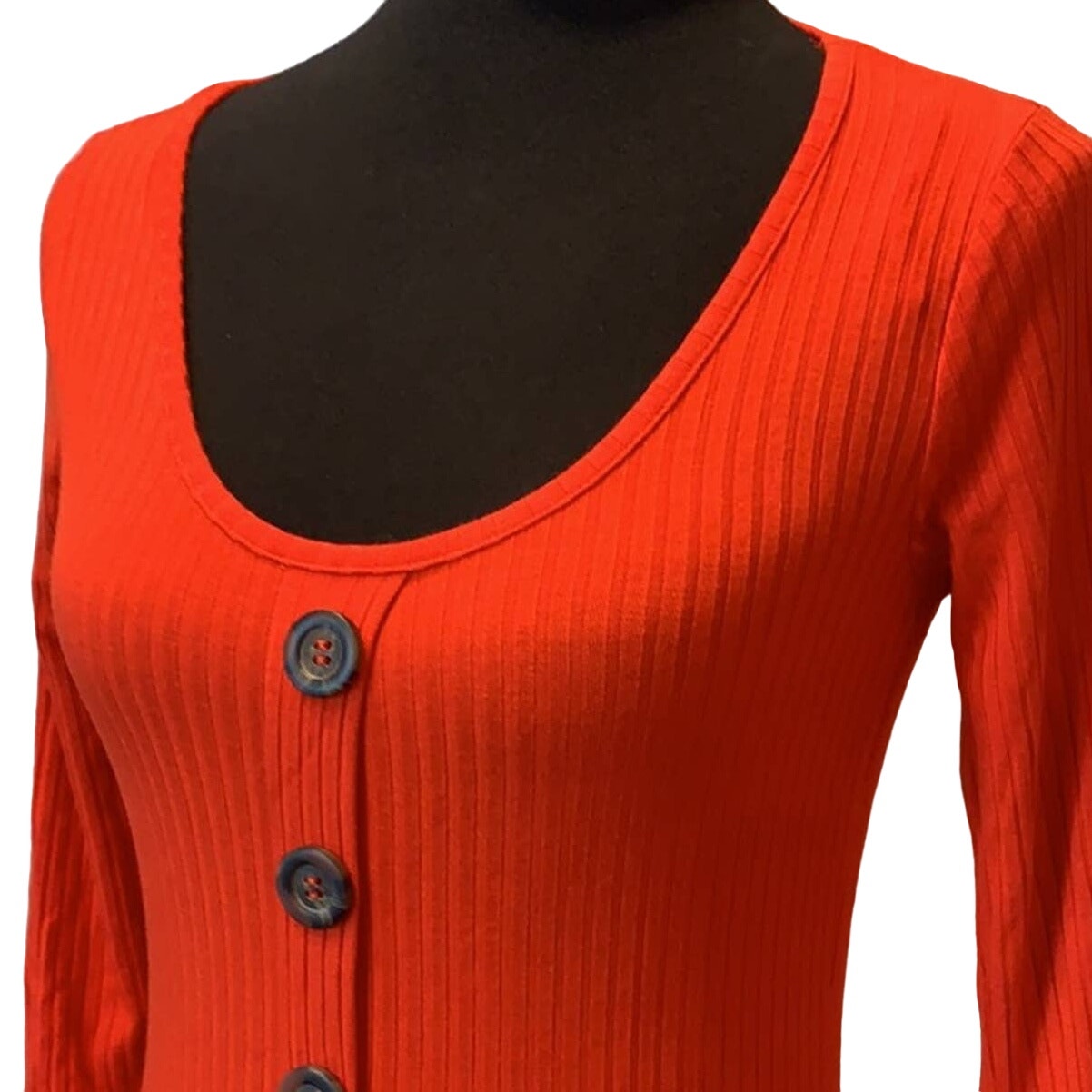 Love J Small Orange Ribbed Faux-Button Stretchy Long Sleeve Scoop Neck Sweater