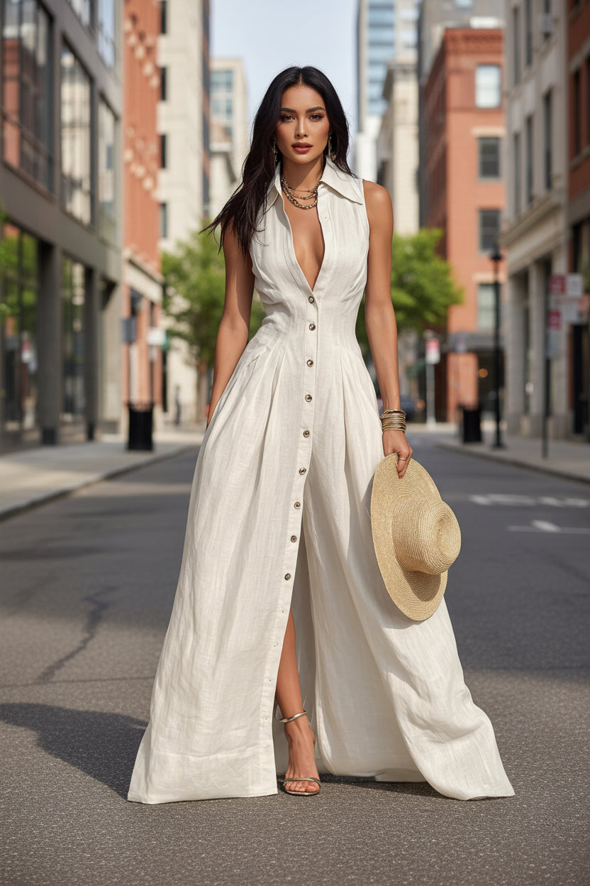 Women's High-Waist Lapel Shirt Maxi Dress – Elegant & Versatile