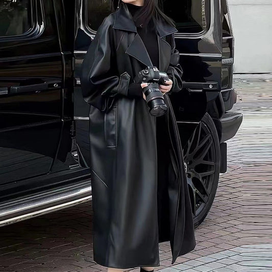 Women's Fashion Temperament Long Below The Knee PU Leather Coat