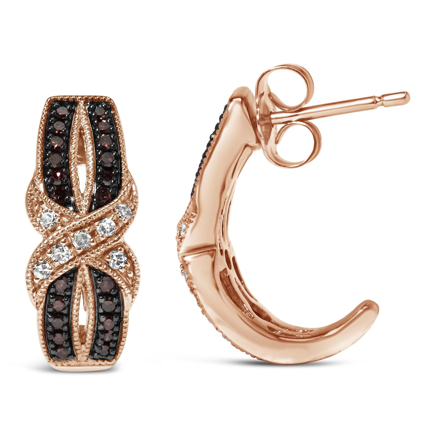 10K Rose Gold 1/3 Cttw White and Brown Diamond Milgrain Criss Cross J-Hoop Earrings (I-J Color, I1-I2 Clarity)-3