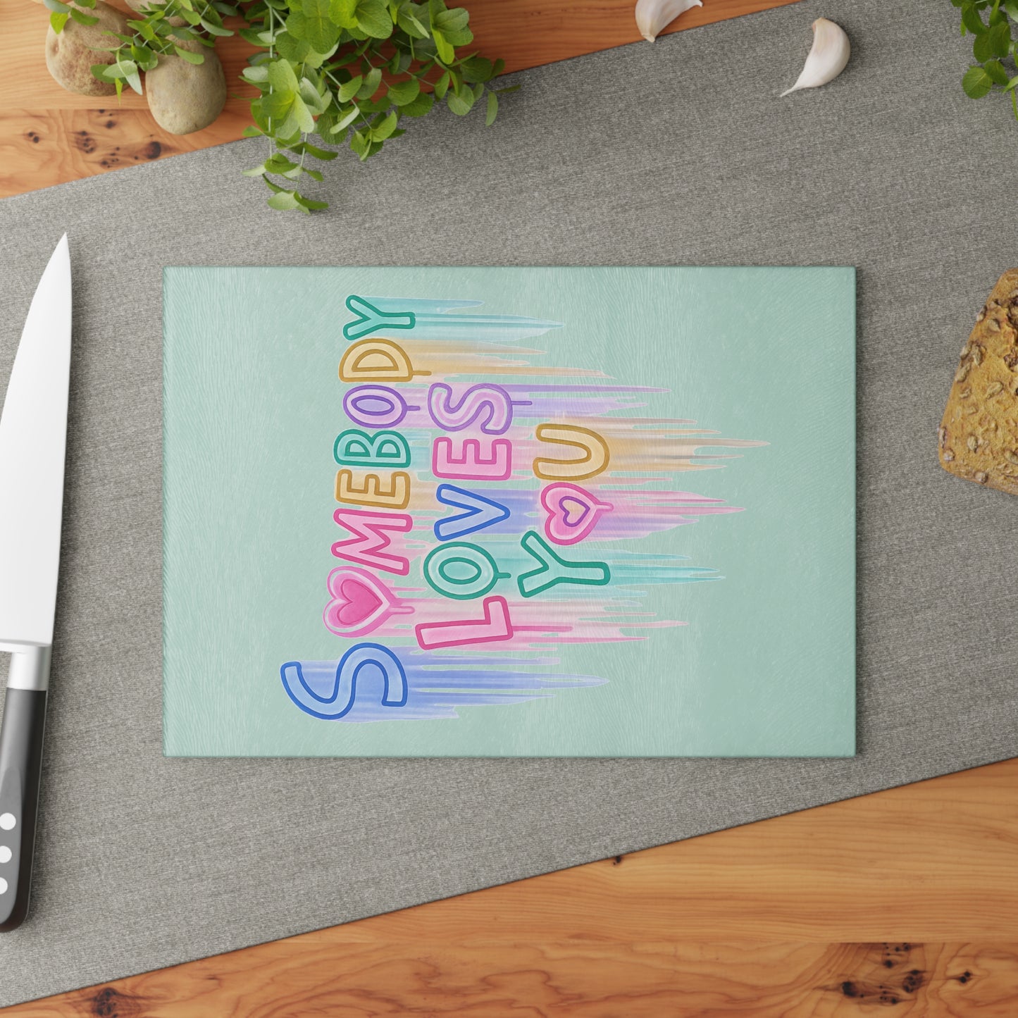 Somebody Loves You Glass Cutting Board — Pastel Rainbow Heart Kitchen Gift