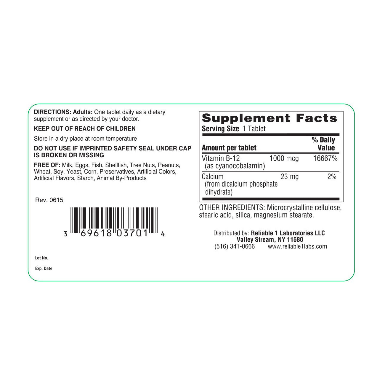 Reliable-1 Laboratories Vitamin B-12 – 1000 mcg (100 Tablets)