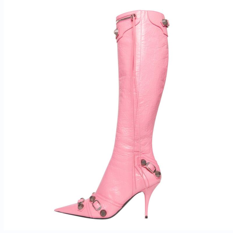 Women's Autumn and Winter Pointed Toe Metal Buckle Zipper Knee Boots Stiletto Rivet High Heels Luxury Shoes