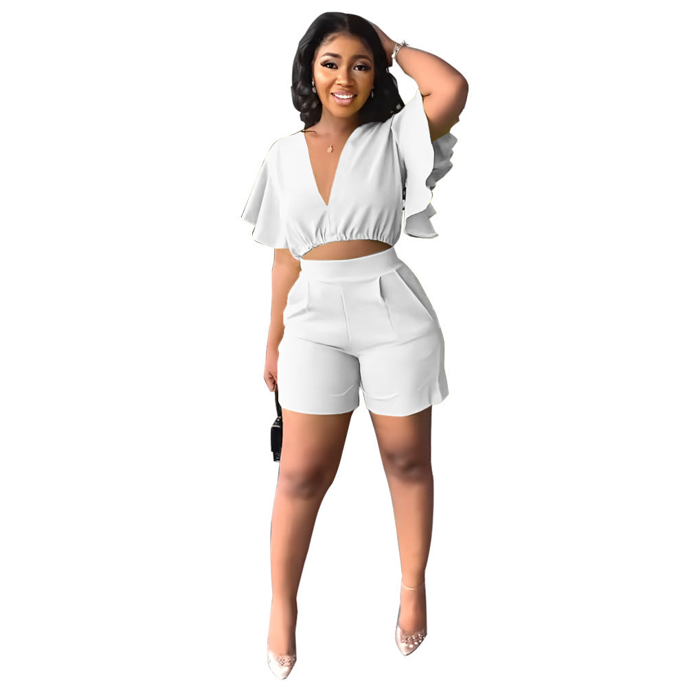 Ruffled Cropped V Neck Top Casual Shorts Summer Two-Piece Set