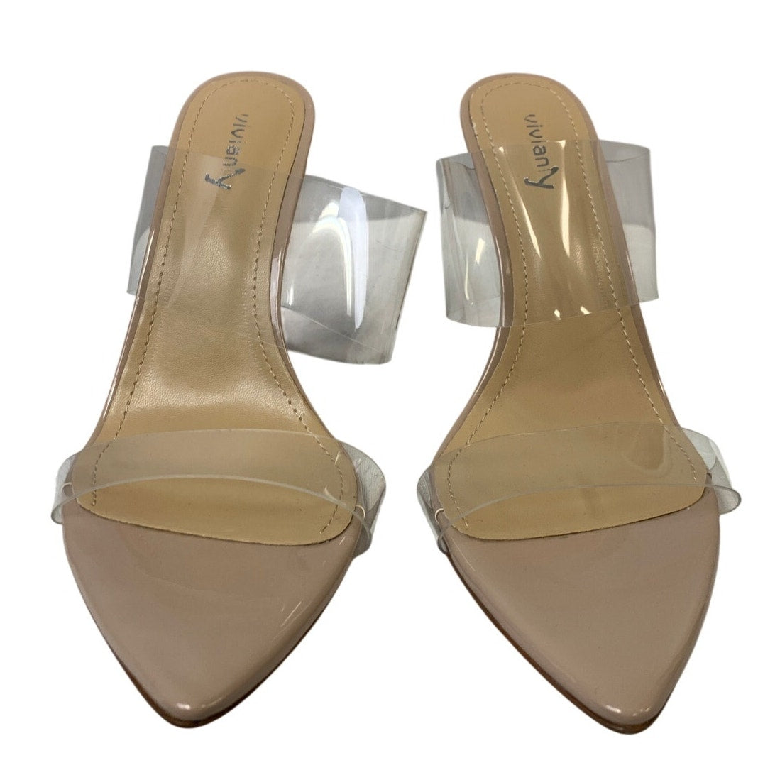 Vivian Womens Size 8 Beige 4.5" Heel Clear Strap Open Pointed Toe Slip On Shoes
