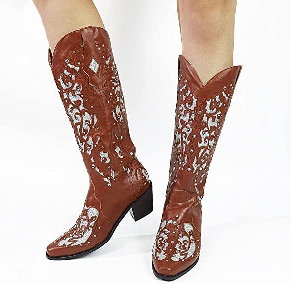 New European and American Retro Pointed Womens Shoes Embroidered Ethnic Style High Sleeve Solid Thick Heel Large Fashion Boots