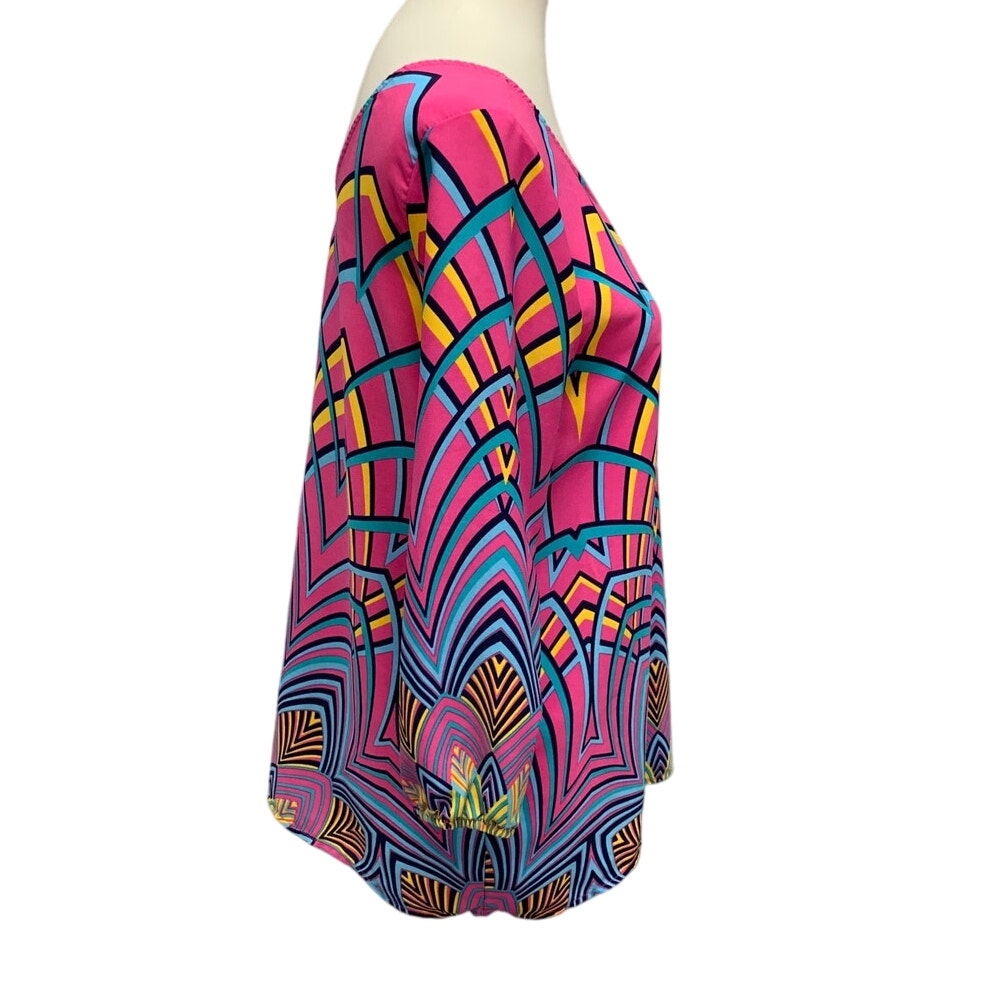 Pink Owl Womens Medium 100% Polyester Art Deco Pattern Blouson Sleeve Blouse