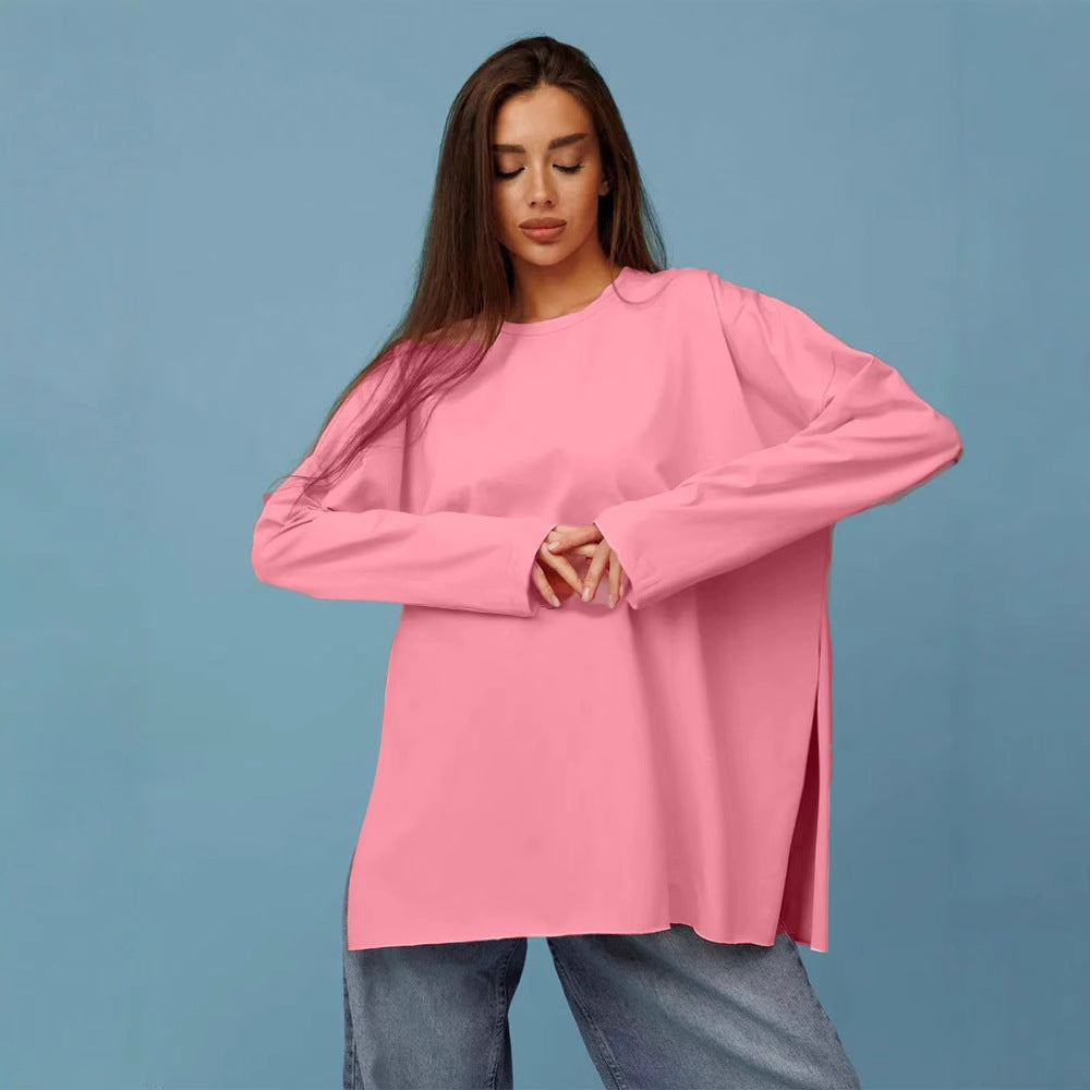 Style Long Sleeve T-Shirt Women's Pure Cotton Loose Fit Slit Knitted Top Wine Red